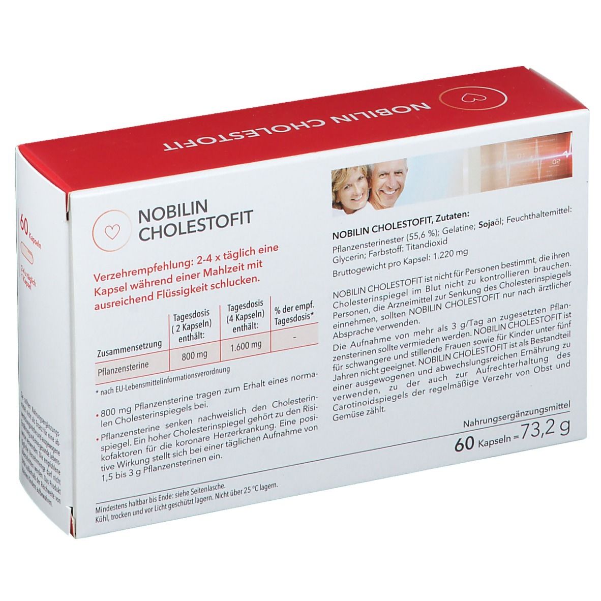 Rückseite der Schachtel NOBILIN CHOLESTOFIT. Enthält Informationen zu Inhaltsstoffen und Dosierung. 60 Kapseln.
