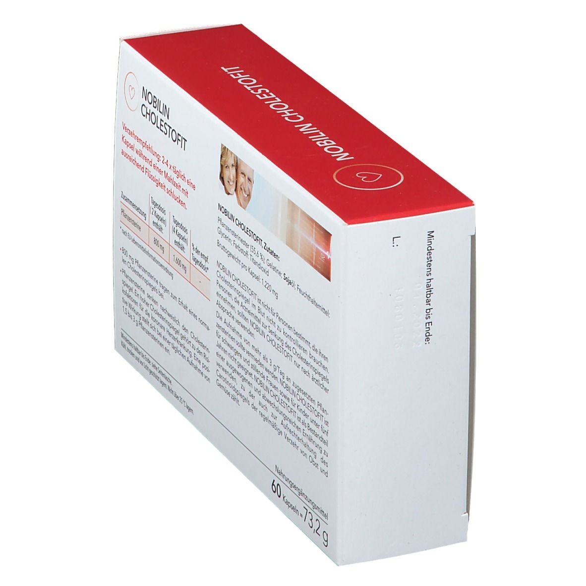 Seitenansicht der Schachtel NOBILIN CHOLESTOFIT. Text und Informationen zu Inhaltsstoffen und Dosierung. 60 Kapseln.