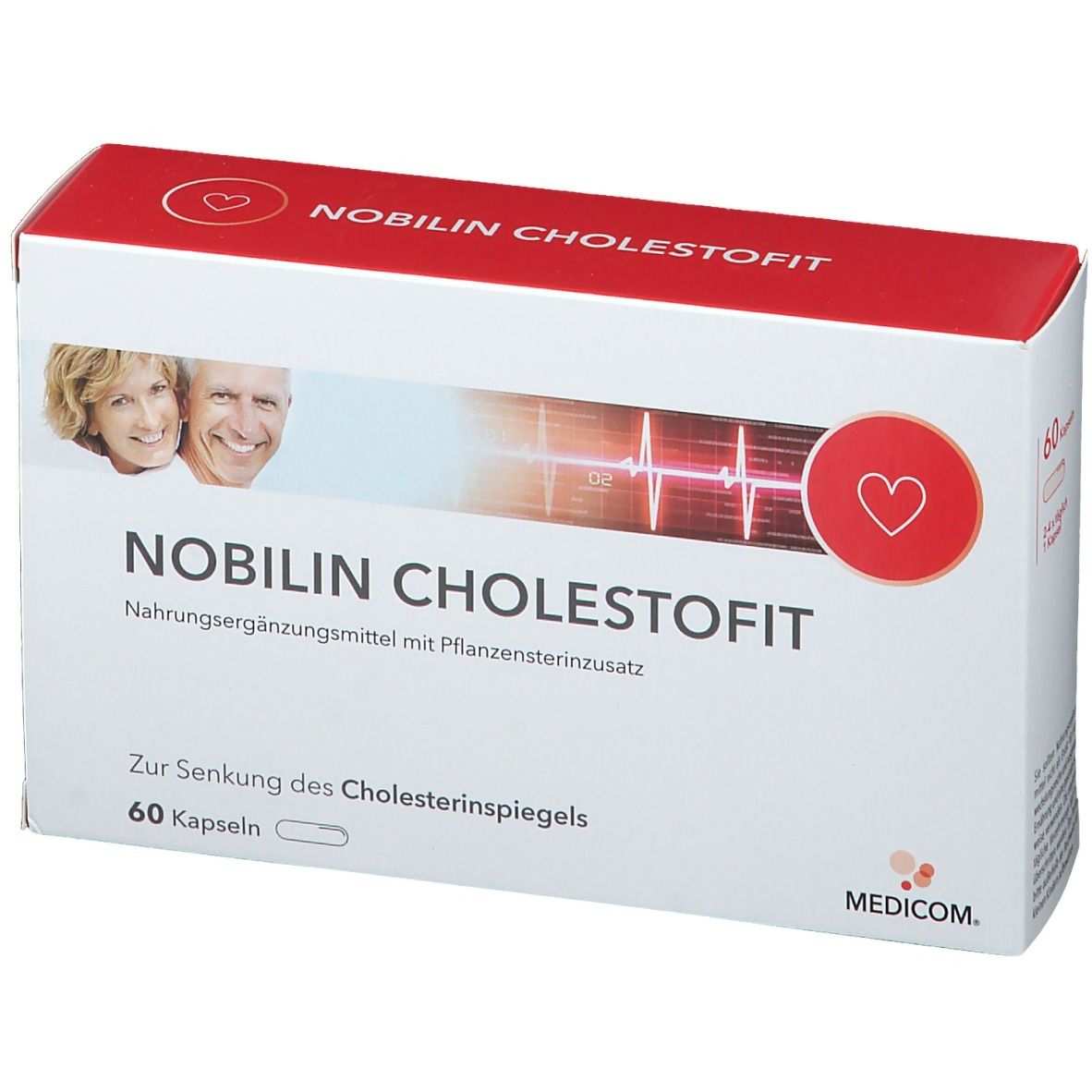 Weiße Schachtel mit rotem Deckel. Aufschrift: NOBILIN CHOLESTOFIT. Enthält 60 Kapseln. Logo und Abbildung von Personen.