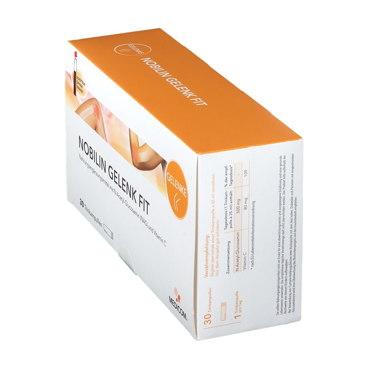 Produktverpackung von NOBILIN GELENK FIT. Weiße Schachtel mit orangefarbenem Deckel. Aufdruck mit Produktnamen, Inhaltsstoffen und Abbildung eines Gelenks.