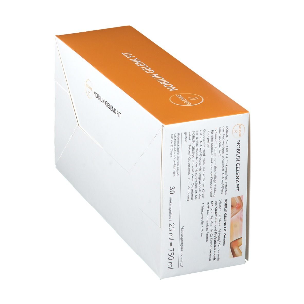 Produktverpackung von NOBILIN GELENK FIT. Weiße Schachtel mit orangefarbenem Deckel. Produktname, Inhaltsstoffe und Abbildung eines Gelenks.