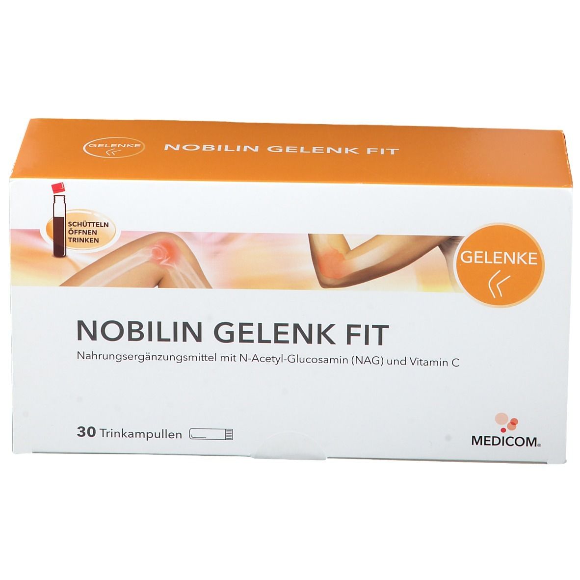Produktverpackung von NOBILIN GELENK FIT. Weiße Schachtel mit orangefarbenem Deckel. Produktname, Abbildung eines Gelenks und 30 Trinkampullen.