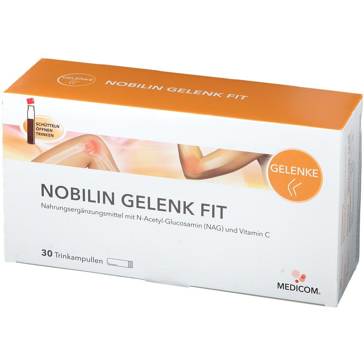 Produktverpackung von NOBILIN GELENK FIT. Weiße Schachtel mit orangefarbenem Deckel. Produktname, Abbildung eines Gelenks und 30 Trinkampullen.