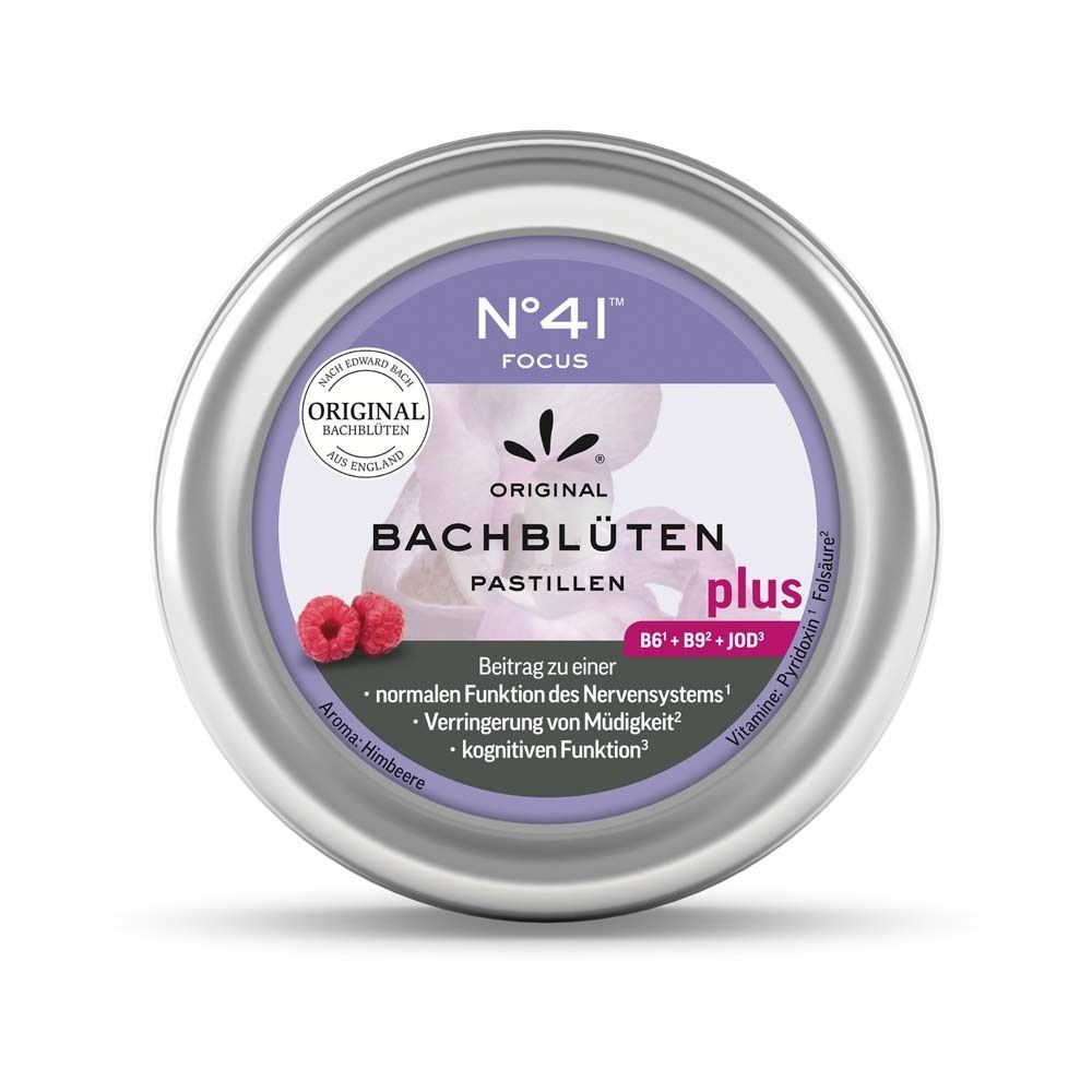 Runde Dose mit Pastillen. Aufschrift: N°41 FOCUS, ORIGINAL BACHBLÜTEN PASTILLEN plus. Himbeer-Aroma. Mit Himbeeren.