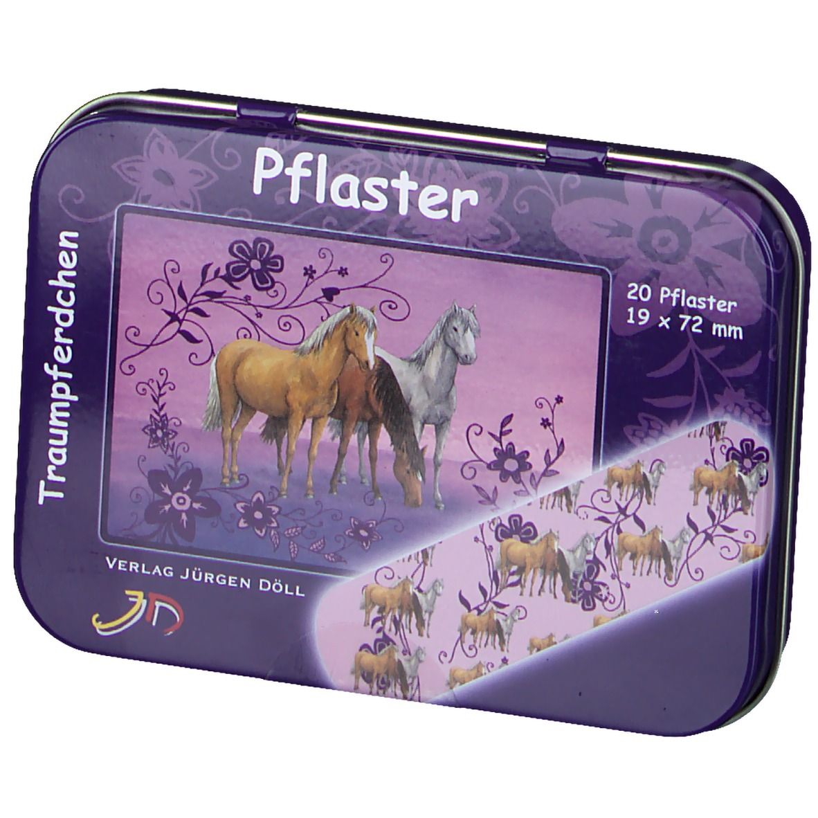 Violette Metallbox mit Pferde-Motiv und Aufschrift "Pflaster". Enthält 20 Pflaster, 19 x 72 mm.
