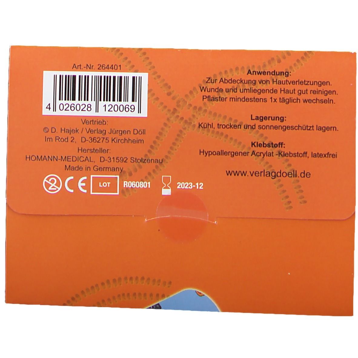 Rückseite der Pflasterverpackung. Text: Anwendung, Lagerung, Klebstoff. Barcode, CE-Zeichen, Chargennummer, Verfallsdatum. Orangefarbener Hintergrund.