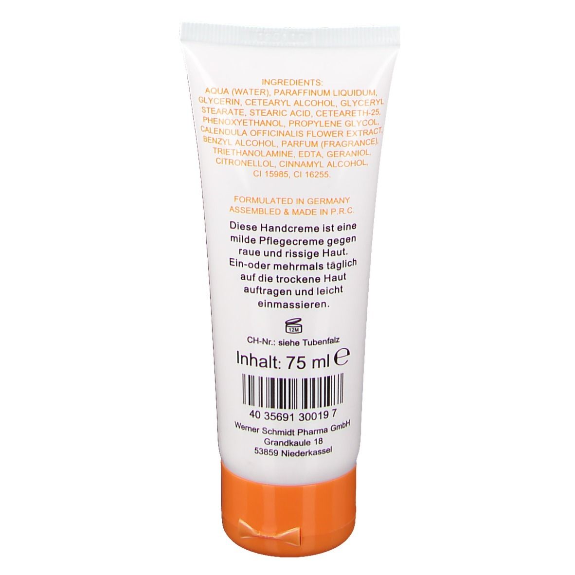 Rückseite der Handcreme-Tube. Enthält Inhaltsstoffe, Text und Chargennummer. Inhalt: 75 ml.