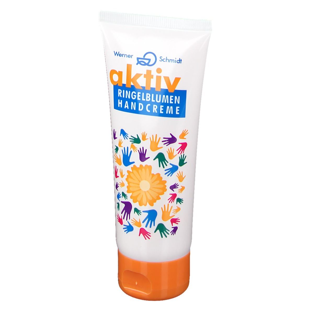 Handcreme-Tube mit Aufschrift 'aktiv Ringelblumen Handcreme'. Bunte Handabdrücke und eine Blüte zieren die Tube.