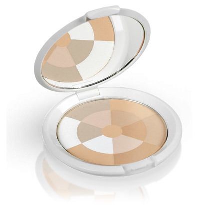 Runder, weißer Behälter mit Spiegel und Puder in verschiedenen Farbtönen. Deckel geöffnet.