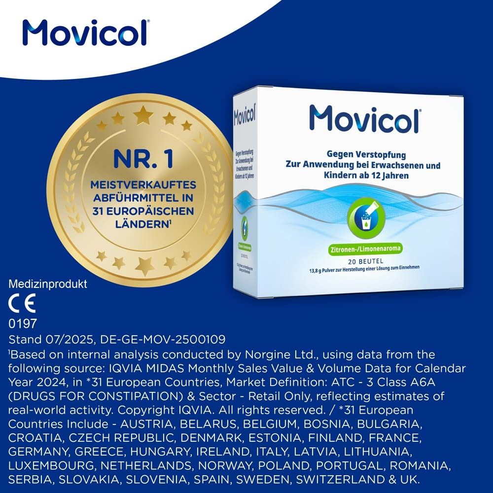 MOVICOL®-Packung. Nr. 1 meistverkauftes Abführmittel in 31 europäischen Ländern. Medizinprodukt.