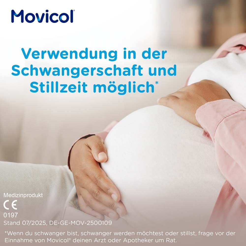 Schwangere Frau hält ihren Bauch. Text: Verwendung in der Schwangerschaft und Stillzeit möglich. Medizinprodukt.
