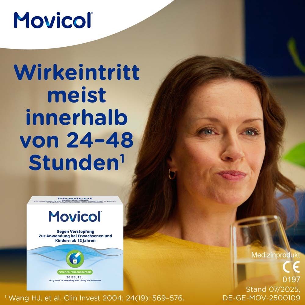Frau trinkt ein Getränk. Text: Wirkungseintritt meist innerhalb von 24-48 Stunden. MOVICOL®-Packung.