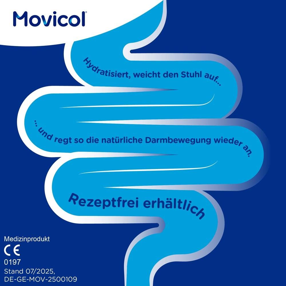 Blauer Hintergrund mit Text: Rezeptfrei erhältlich. Medizinprodukt. Darstellung des Darms.