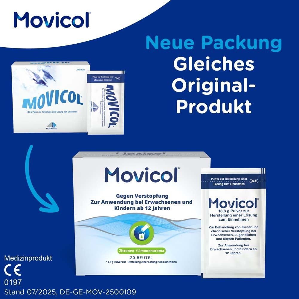 Verschiedene MOVICOL®-Packungen und Beutel. Text: Neue Packung. Gleiches Originalprodukt.