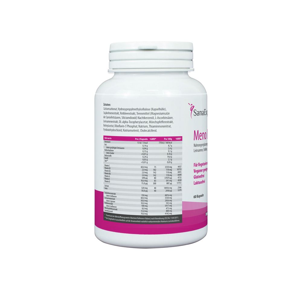 Rückseite einer weißen Flasche. Aufschrift: SanaExpert Meno Forte. Nährwerttabelle mit Vitaminen und Mineralstoffen. Text in deutscher Sprache.