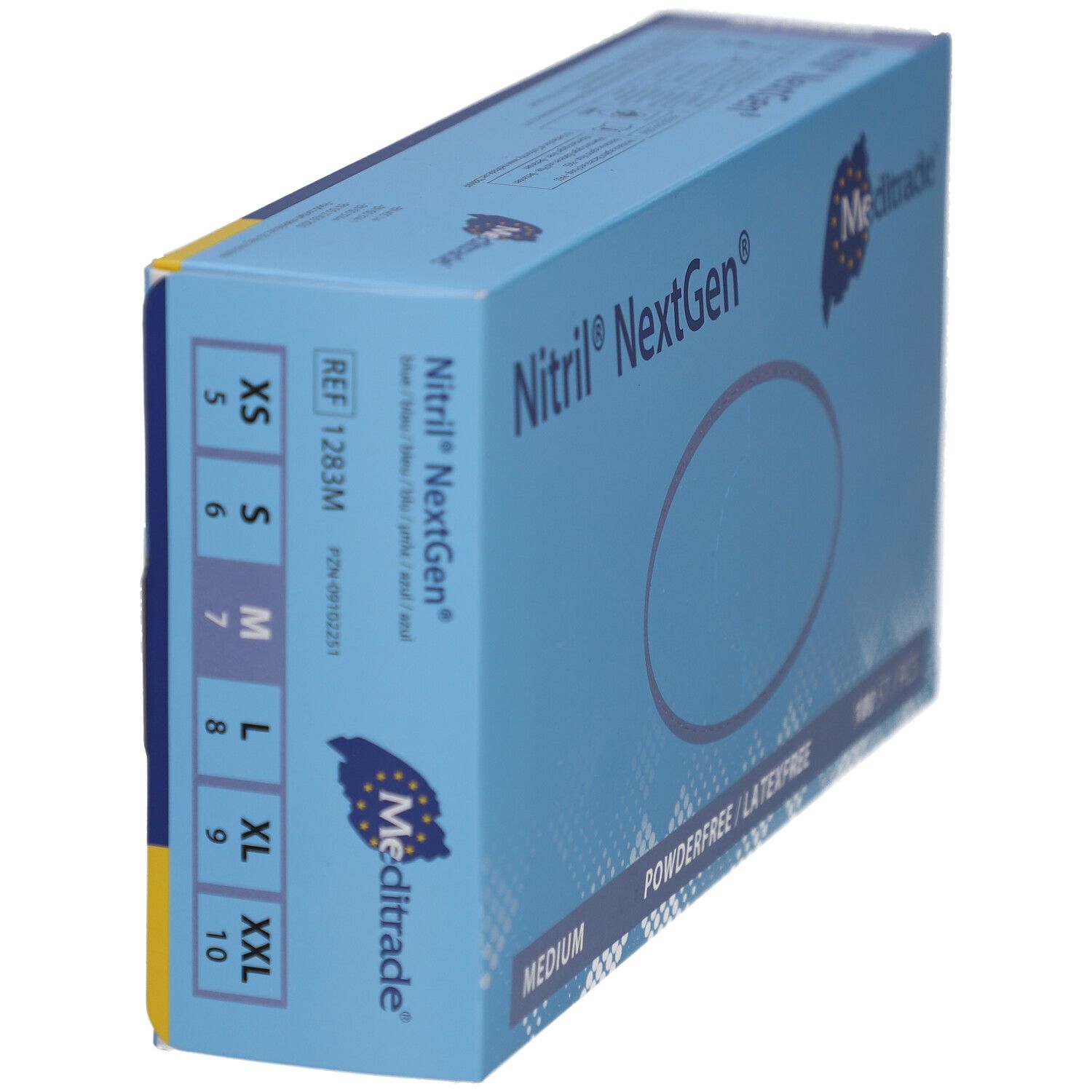 Blaue Kartonverpackung mit Größenangaben: XS, S, M, L, XL, XXL. Produktname und Logo sichtbar. Referenznummer 1283M.