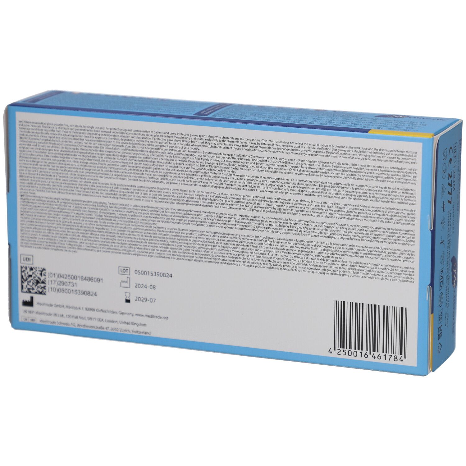 Rückseite der blauen Kartonverpackung. Enthält Text, Barcode und Chargennummer. Haltbarkeitsdatum 2025-07.