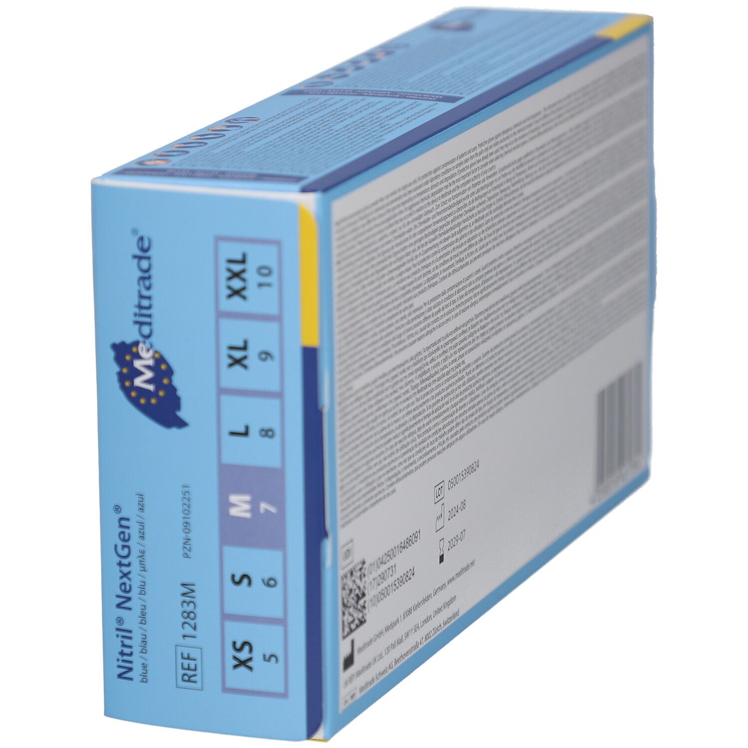 Blaue Kartonverpackung mit Größenangaben: XS, S, M, L, XL, XXL. Produktname und Logo sichtbar. Referenznummer 1283M.