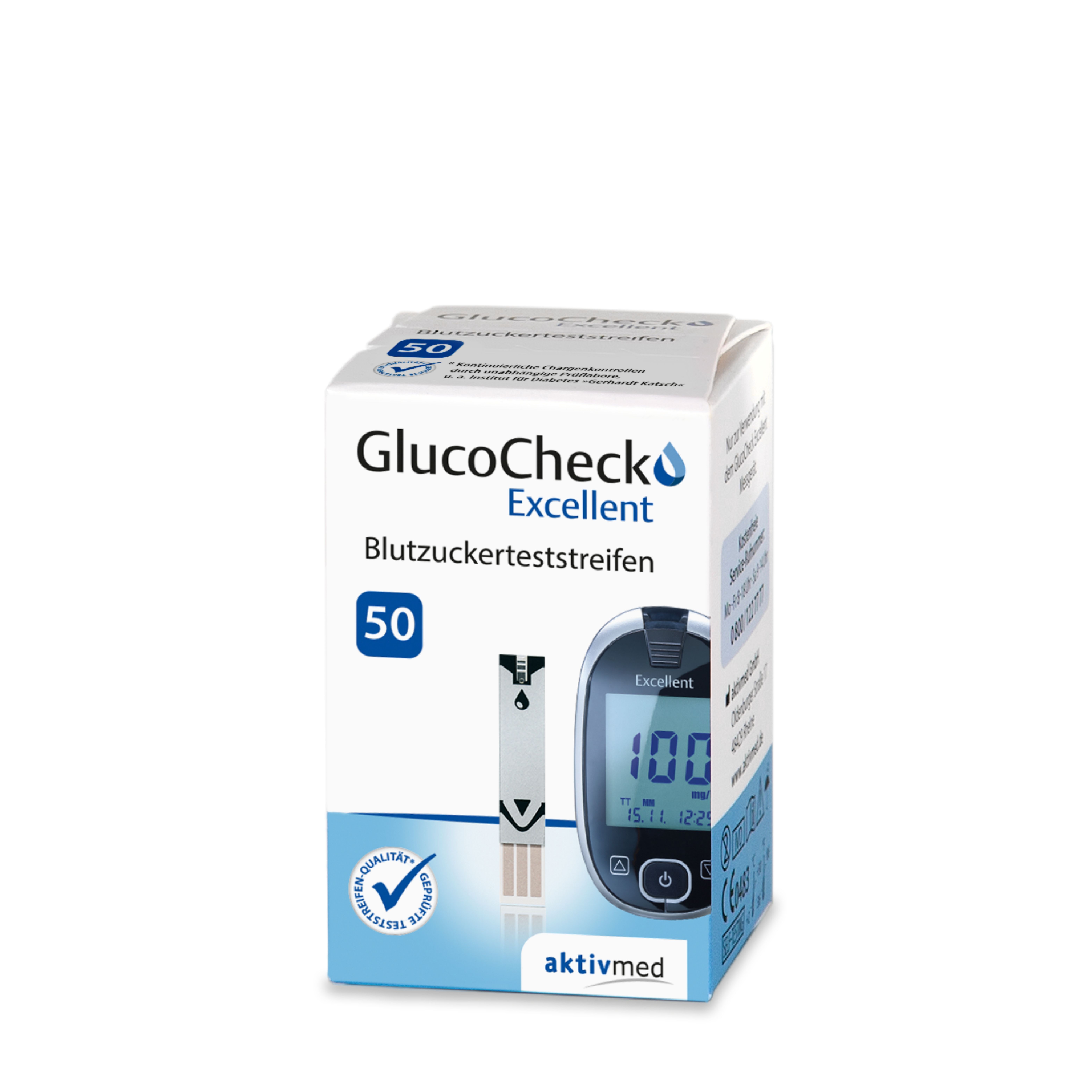Verpackung von GlucoCheck Excellent Teststreifen. Enthält 50 Teststreifen. Auf der Verpackung ist ein Blutzuckermessgerät abgebildet.
