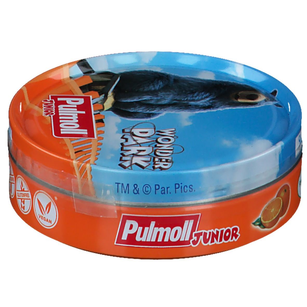Runde Dose Pulmoll Junior Hustenbonbons. Orange. Aufschrift: Wonder Park, TM & © Par. Pics. Motiv: Vogel. Vegan, glutenfrei.