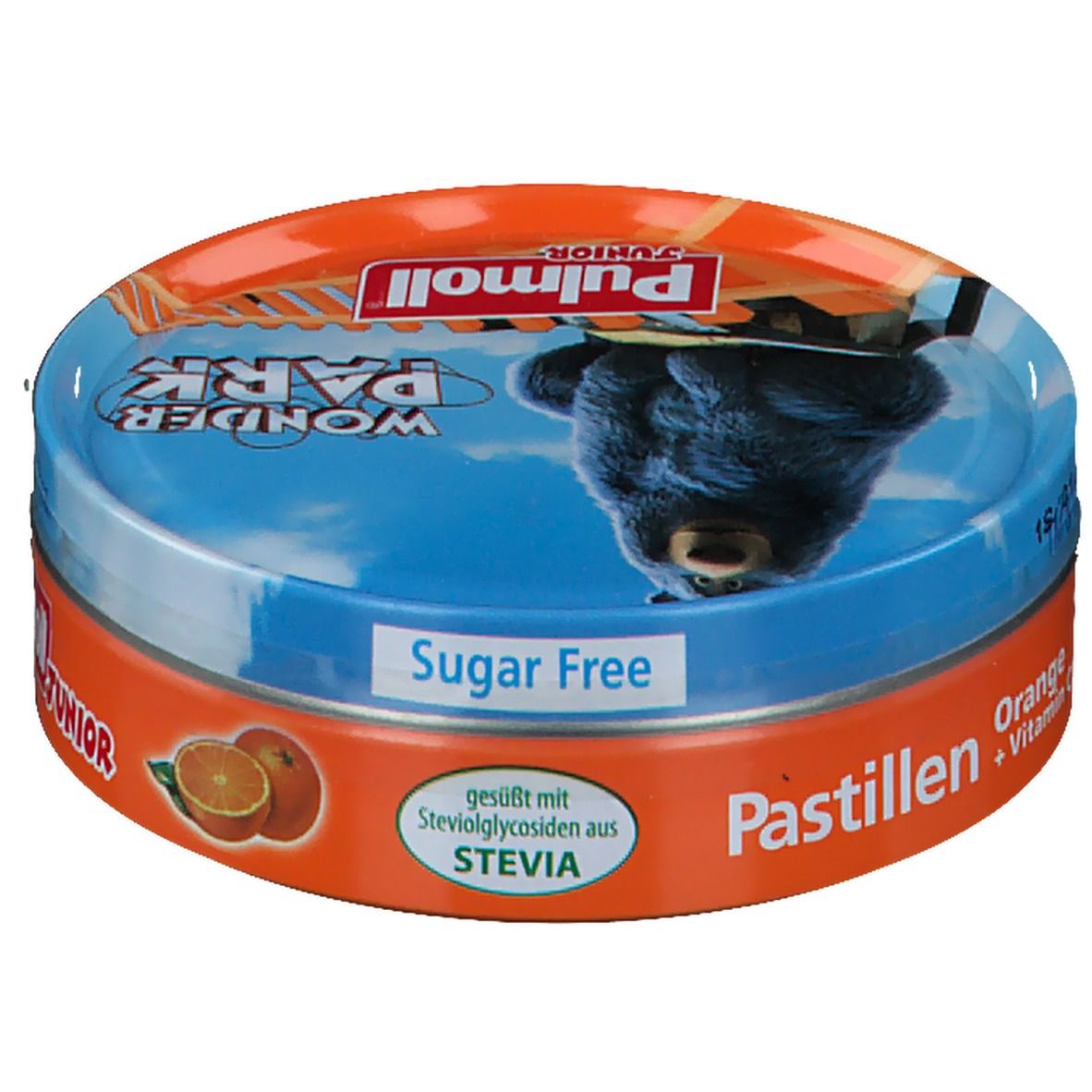 Runde Dose Pulmoll Junior Hustenbonbons. Orange. Aufschrift: Sugar Free, gesüßt mit Steviolglykosiden aus Stevia. Motiv: Bär. Pastillen.
