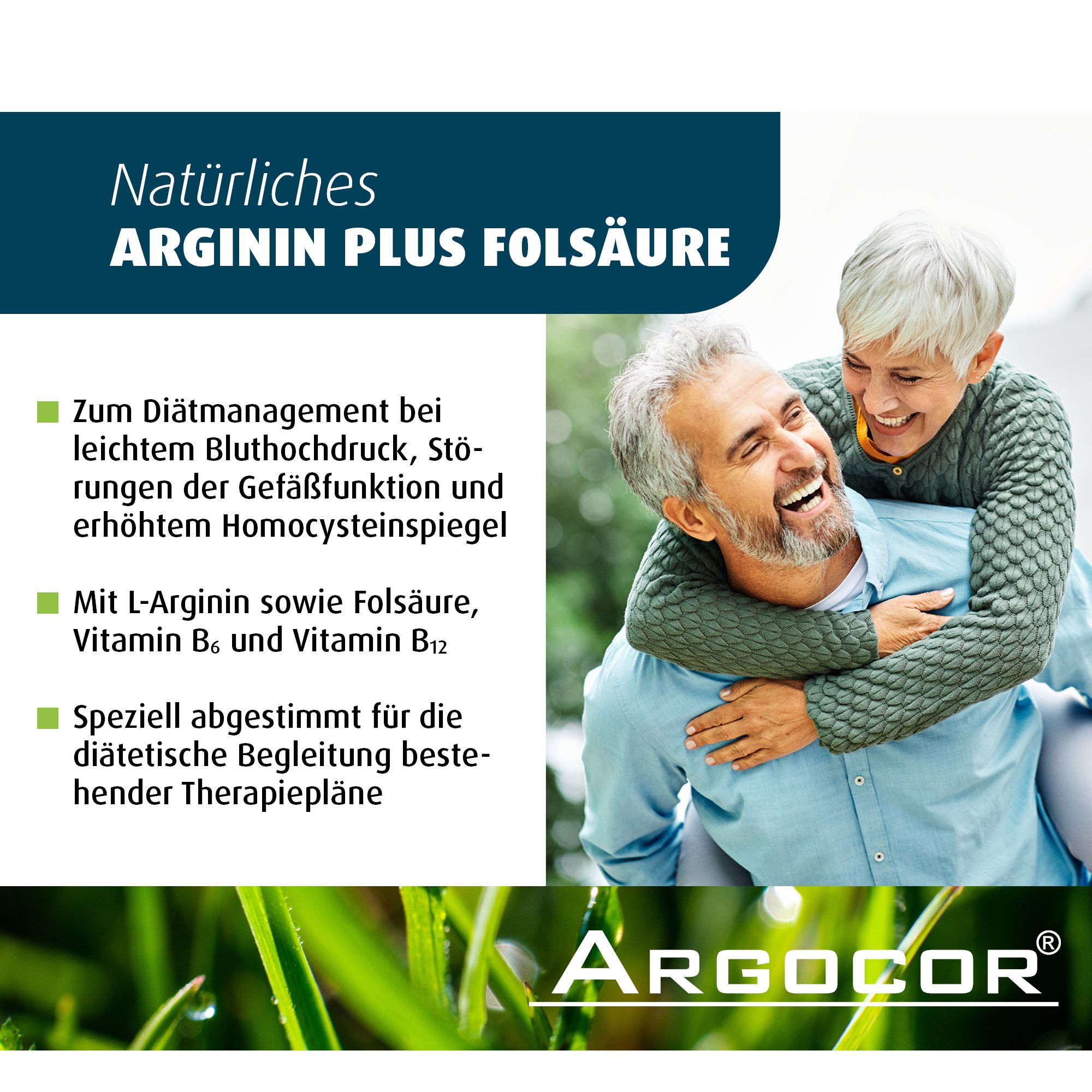 Werbefläche mit Arginin Plus Folsäure. Text: Natürliches Arginin Plus Folsäure. Logo: Argocor.