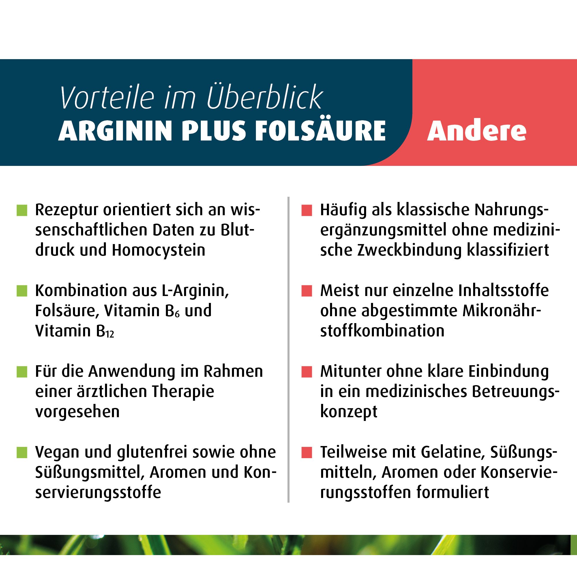 Infografik mit Vorteilen von Arginin Plus Folsäure. Rezeptur, Kombination, vegan, glutenfrei.