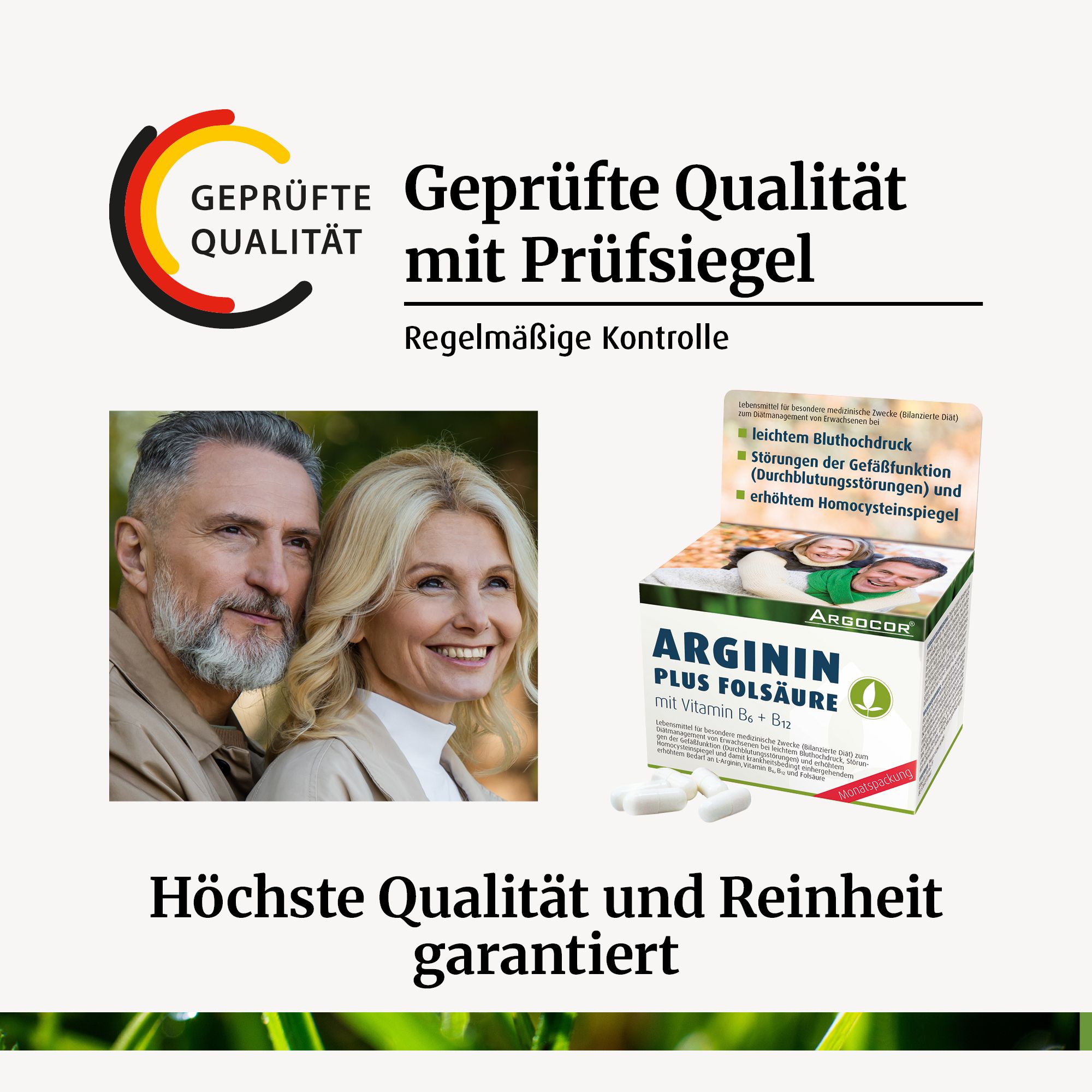 Arginin Plus Folsäure Packung. Geprüfte Qualität mit Prüfsiegel. Höchste Qualität und Reinheit garantiert.