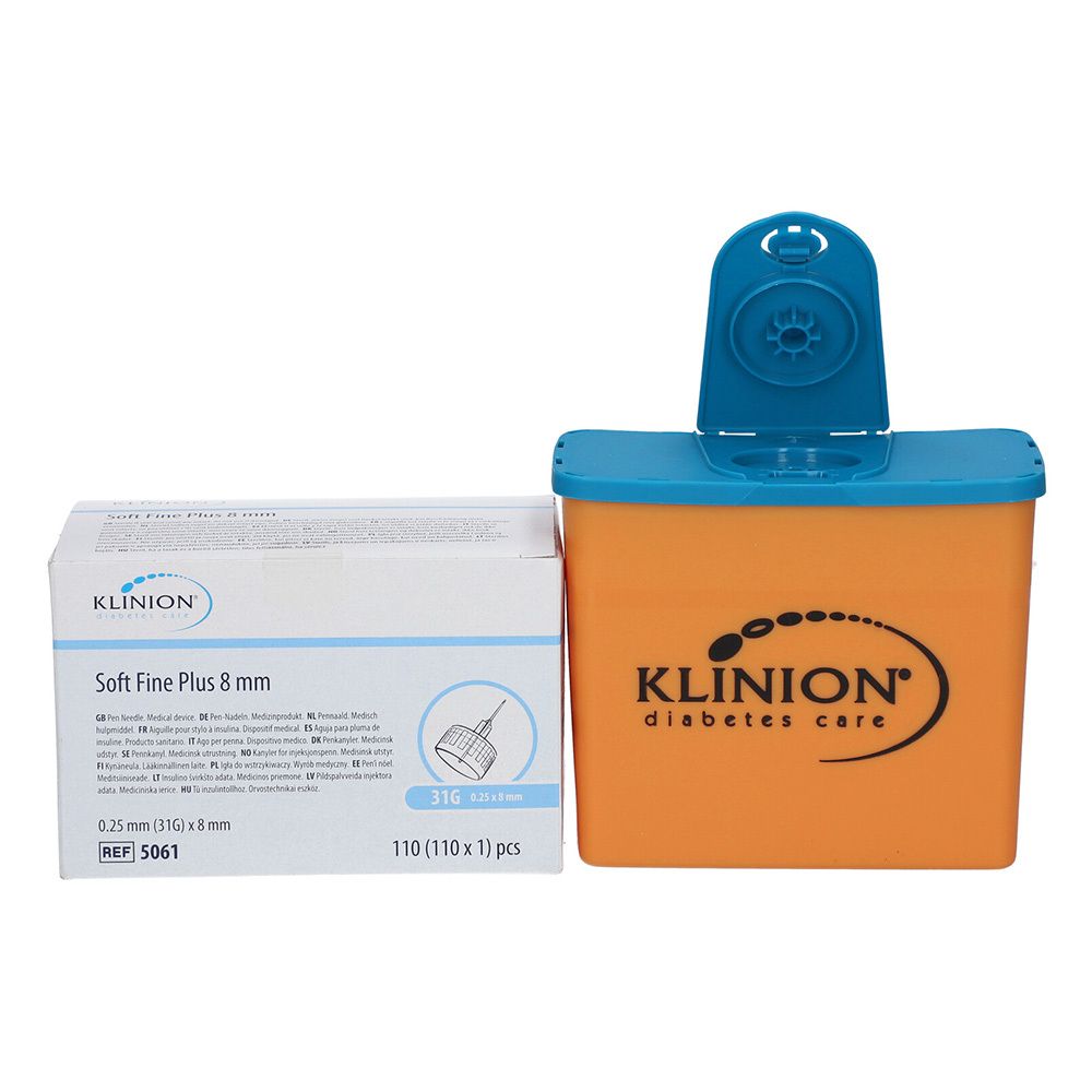 Packung und Behälter für Nadeln. Aufschrift: KLINION Soft Fine Plus 8 mm, 31G 0,25 x 8 mm, 110 Stück. Behälter orange-blau, Logo: KLINION diabetes care.