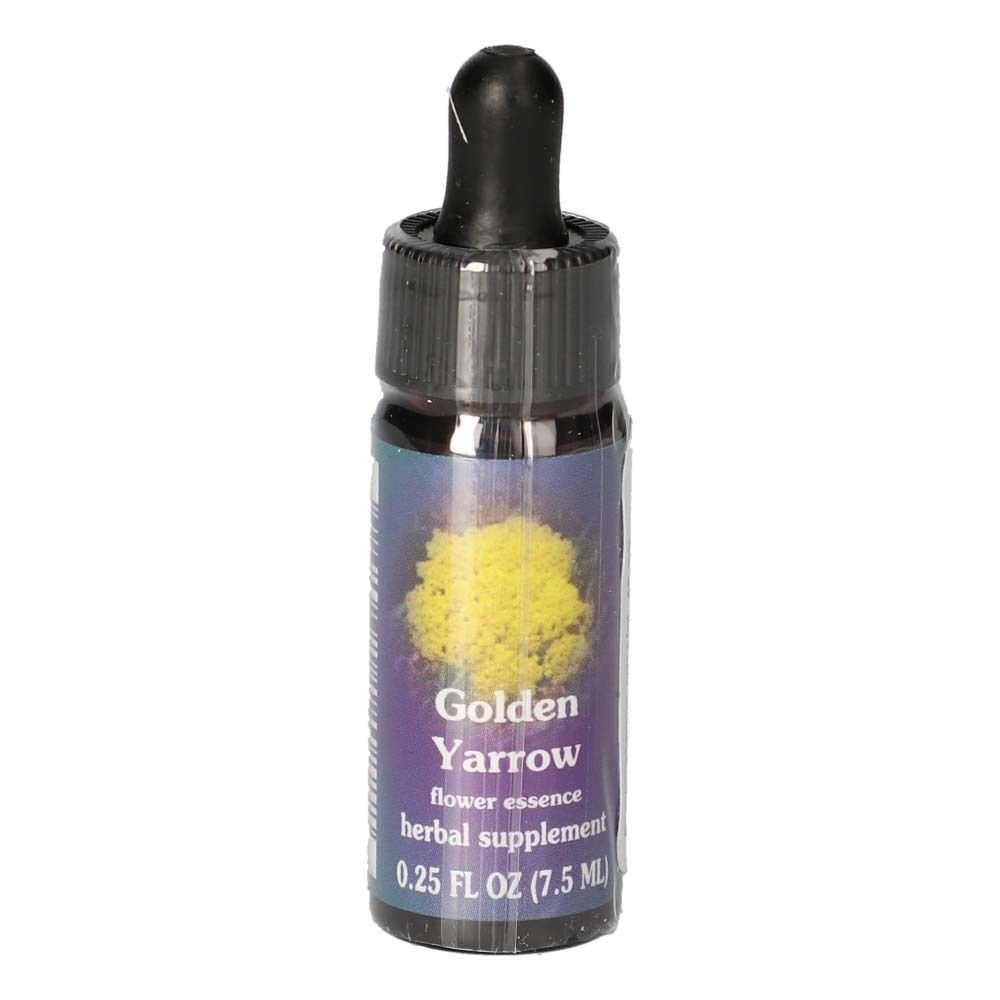 Kleine Glasflasche mit schwarzem Deckel und Pipette. Etikett mit gelber Blume, Text: Golden Yarrow, flower essence, herbal supplement.