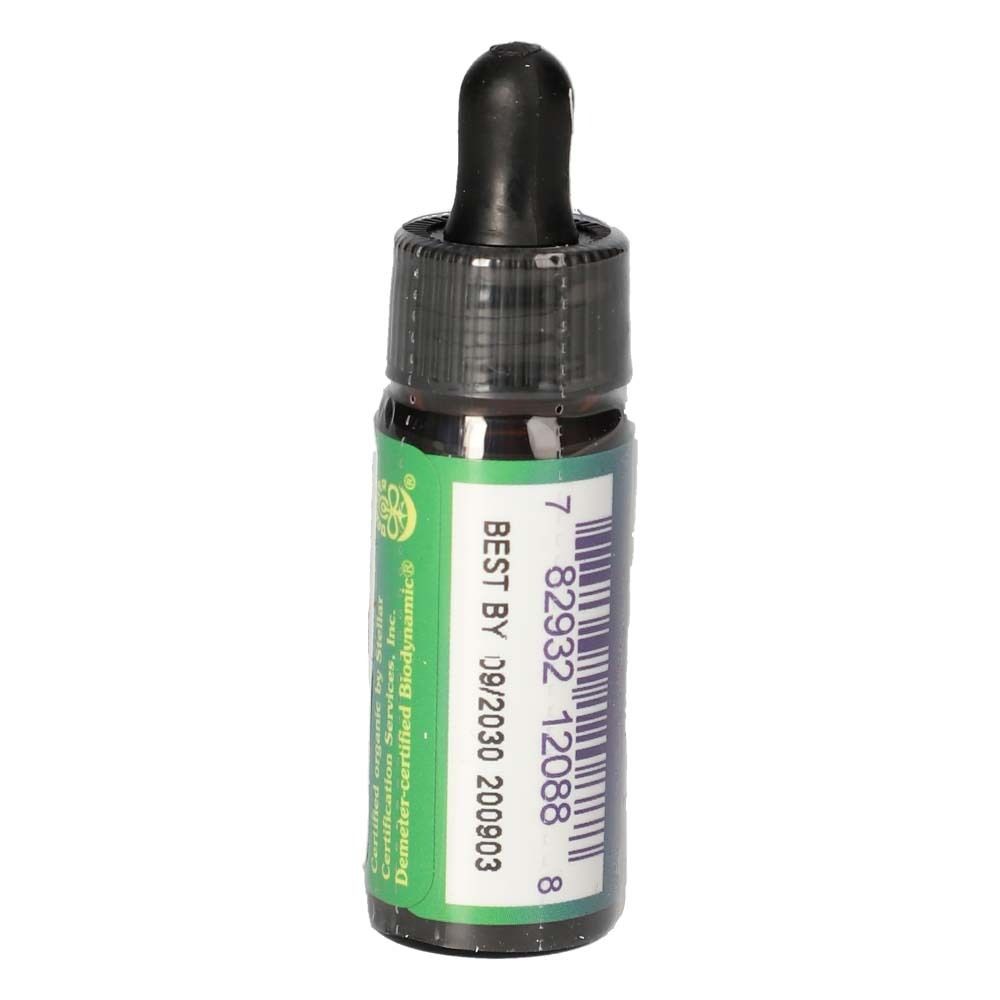 Kleine Glasflasche mit schwarzem Deckel und Pipette. Etikett mit Text: BEST BY 09/2030, Barcode, Demeter-zertifiziert Biodynamie.
