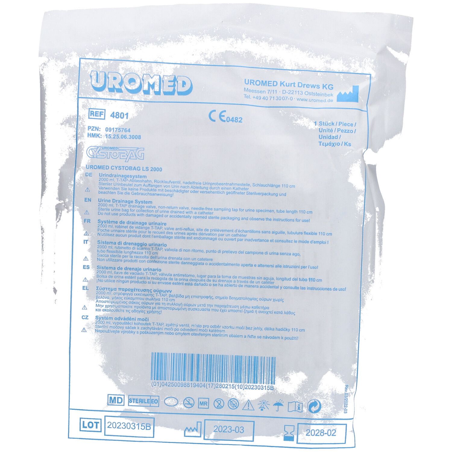 Verpackung mit Produktinformationen. Aufdruck: UROMED, REF 4801, UROMED CYSTOBAG LS 2000. Mit CE-Kennzeichnung.