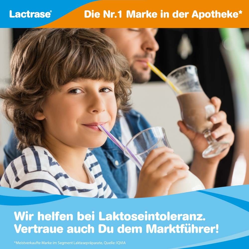 Kind und Mann trinken Milchgetränke. Text: Wir helfen bei Laktoseintoleranz. Lactrase Logo. Nr.1 Marke.