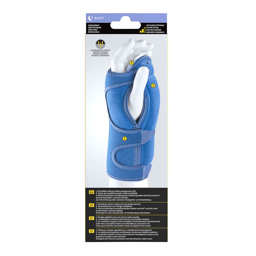 Blaue Handgelenkbandage. Auf weißer Hand platziert. Text: Armband, atmungsaktiv, verstellbar. Beschriftungen: 1, 2, 3. Text in mehreren Sprachen.