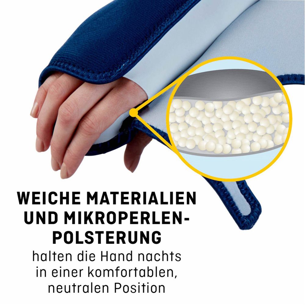 Nahaufnahme der Handgelenkbandage. Weiche Materialien und Mikroperlenpolsterung. Weiße Mikroperlen. Text: Weiche Materialien und Mikroperlenpolsterung.