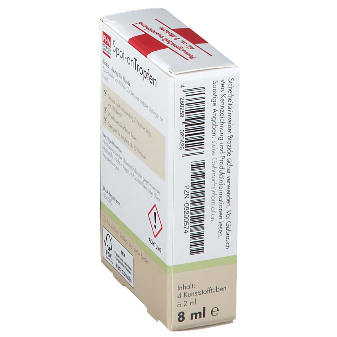 Weiße Schachtel, Seitenansicht. Enthält Informationen zur Packungsinhalt und Sicherheitsvorkehrungen. Mit Warnsymbol.