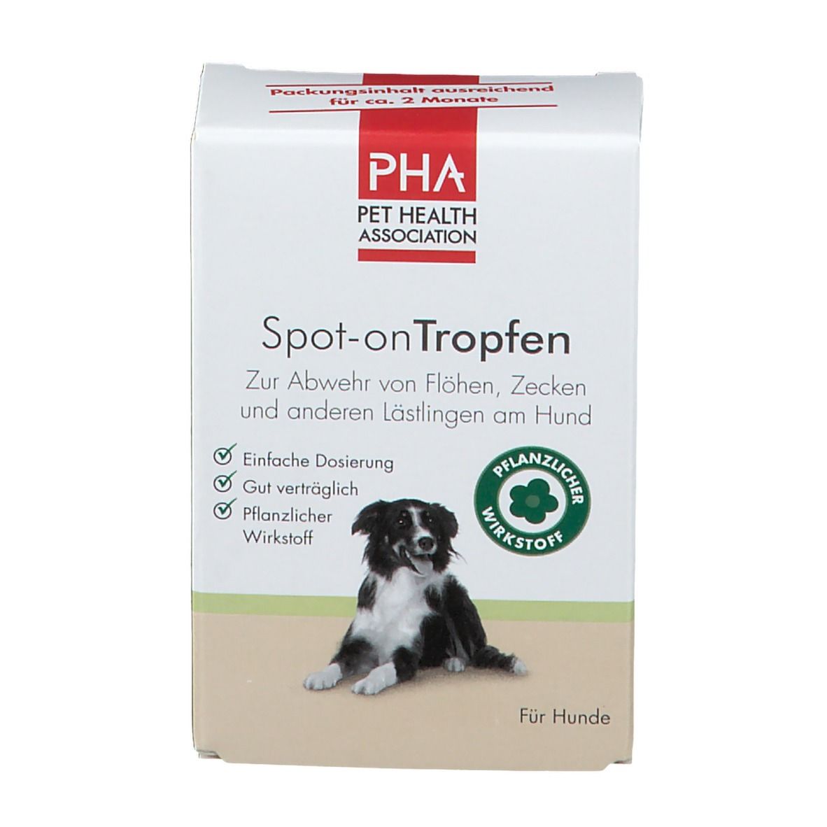 Weiße Schachtel mit Produktnamen und Hund. Enthält Spot-on Tropfen zur Abwehr von Flöhen, Zecken und anderen Schädlingen.