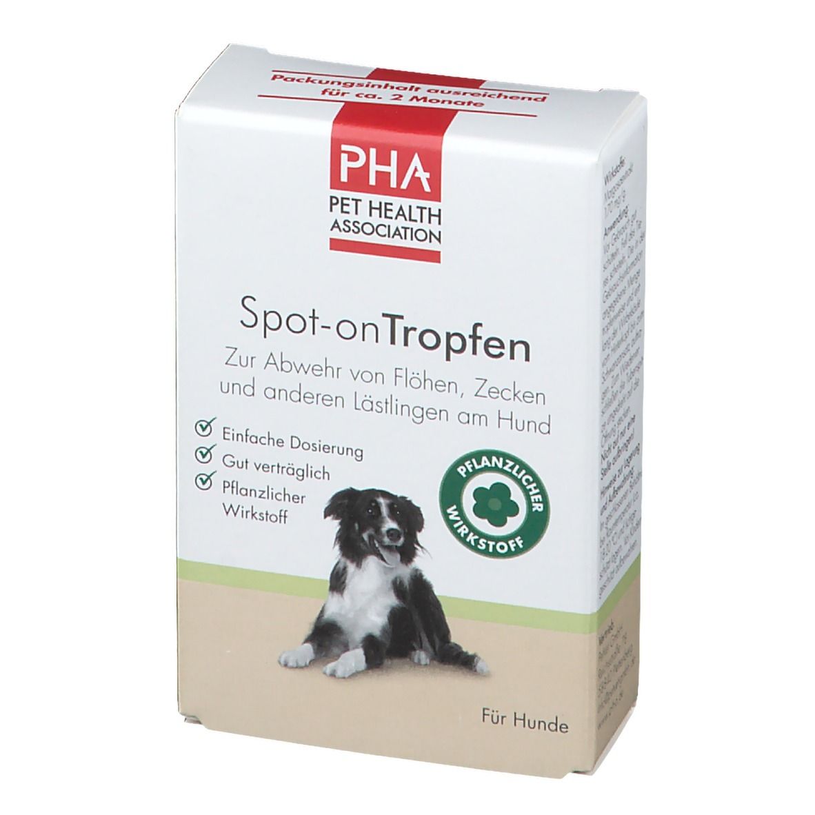 Weiße Schachtel mit Produktnamen und Hund. Enthält Spot-on Tropfen zur Abwehr von Flöhen, Zecken und anderen Schädlingen.
