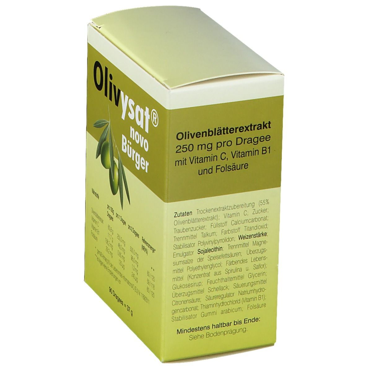 Olivysat® novo Bürger Dragees-Packung. Grün-weiß. Olivenblatt-Extrakt, 250 mg pro Dragee. Zutatenliste.