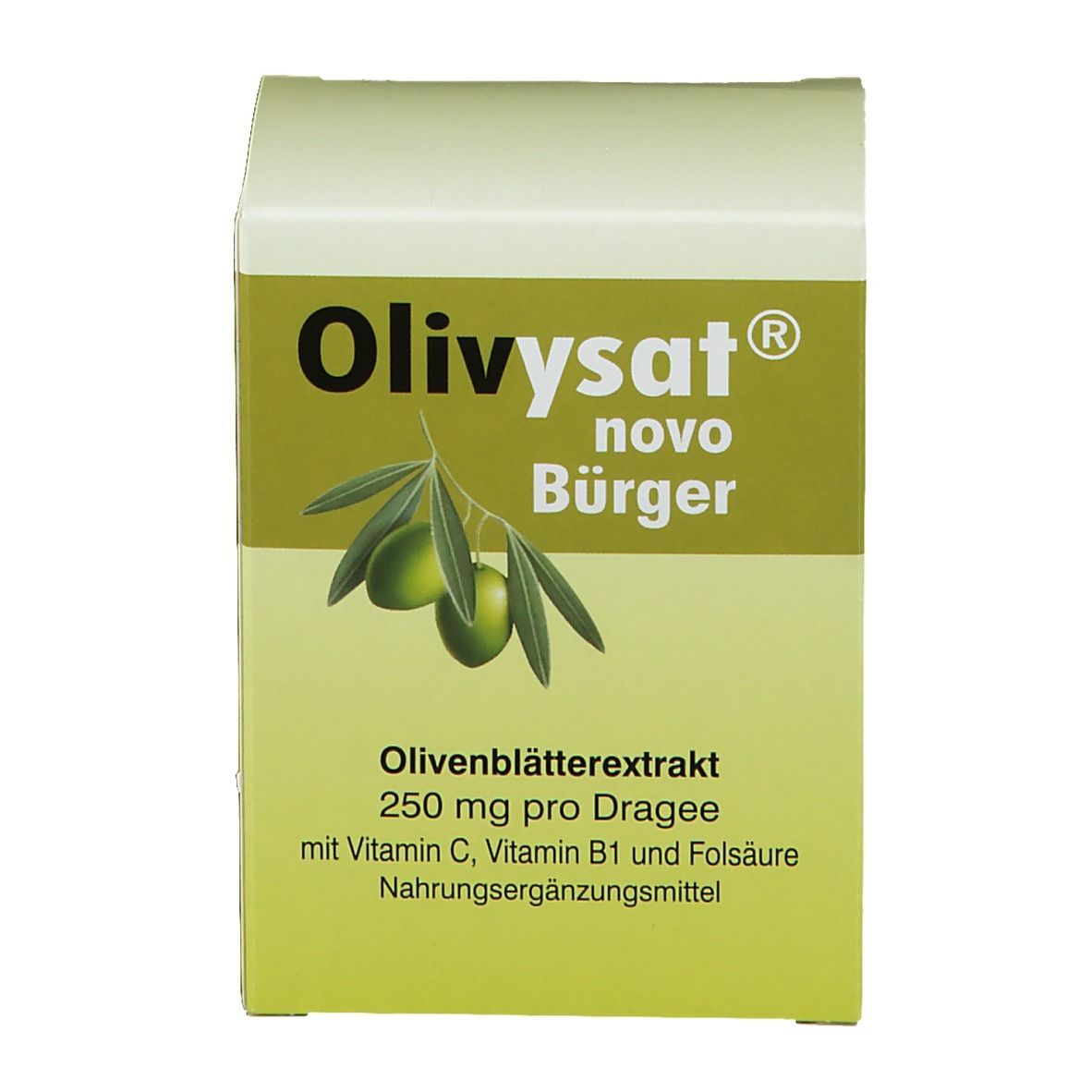 Olivysat® novo Bürger Dragees-Packung. Grün-weiß. Olivenblatt-Extrakt, 250 mg pro Dragee. Nahrungsergänzungsmittel.