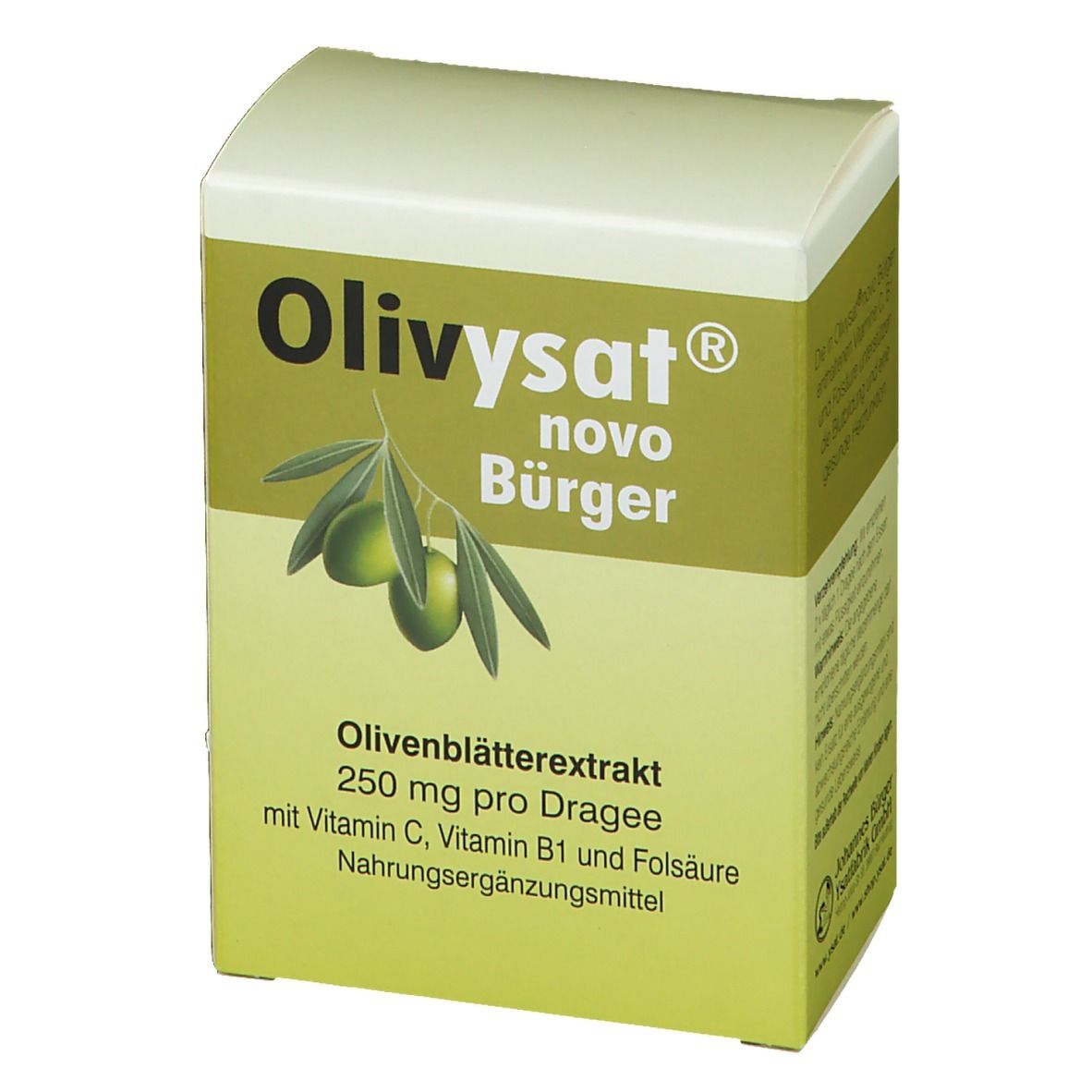 Olivysat® novo Bürger Dragees-Packung. Grün-weiß. Olivenblatt-Extrakt, 250 mg pro Dragee. Nahrungsergänzungsmittel.