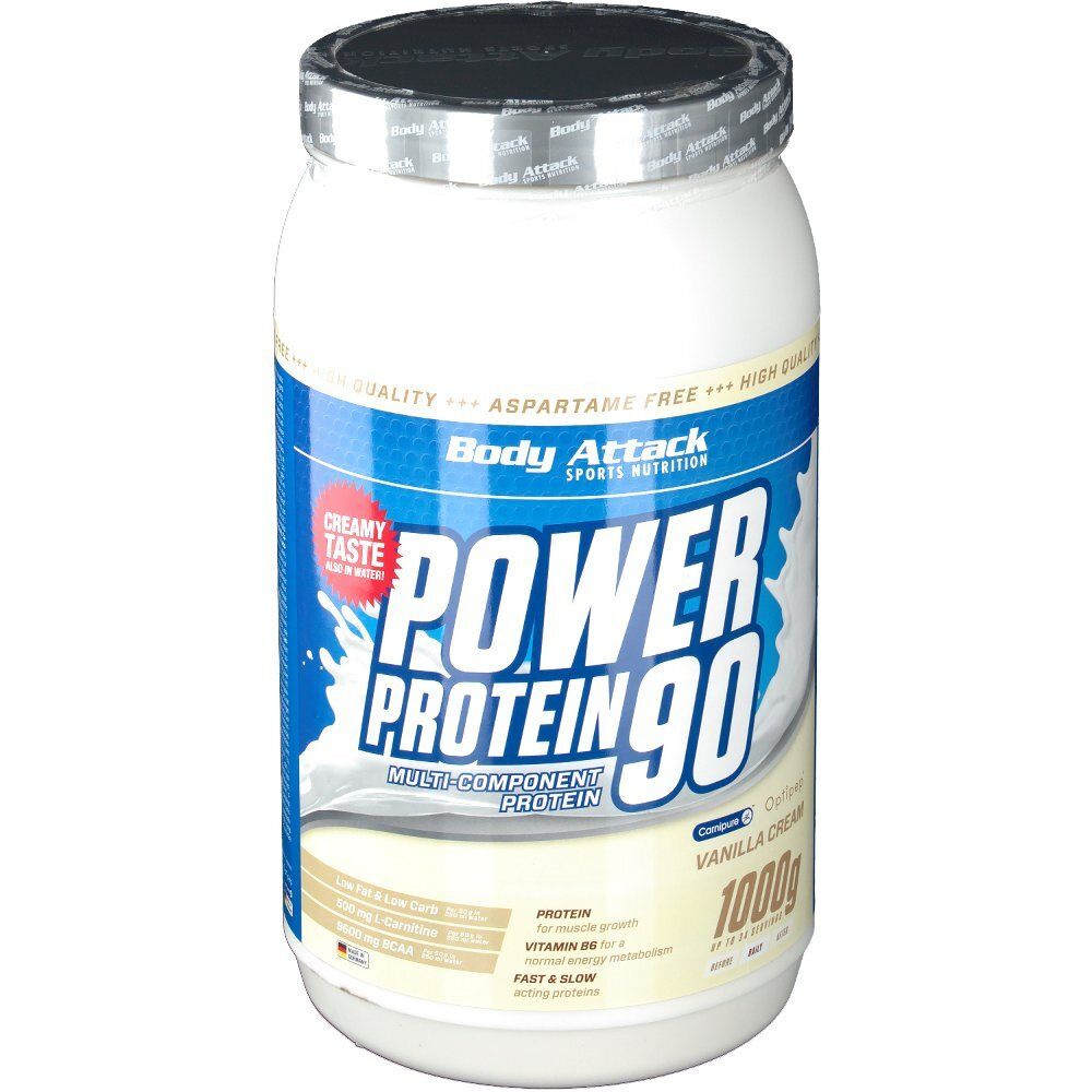 Body Attack Power Protein 90 Big Pack Vanille. Weiße Dose mit blauem Etikett. Aufschrift: Power Protein 90, Vanille Cream, 1000g.