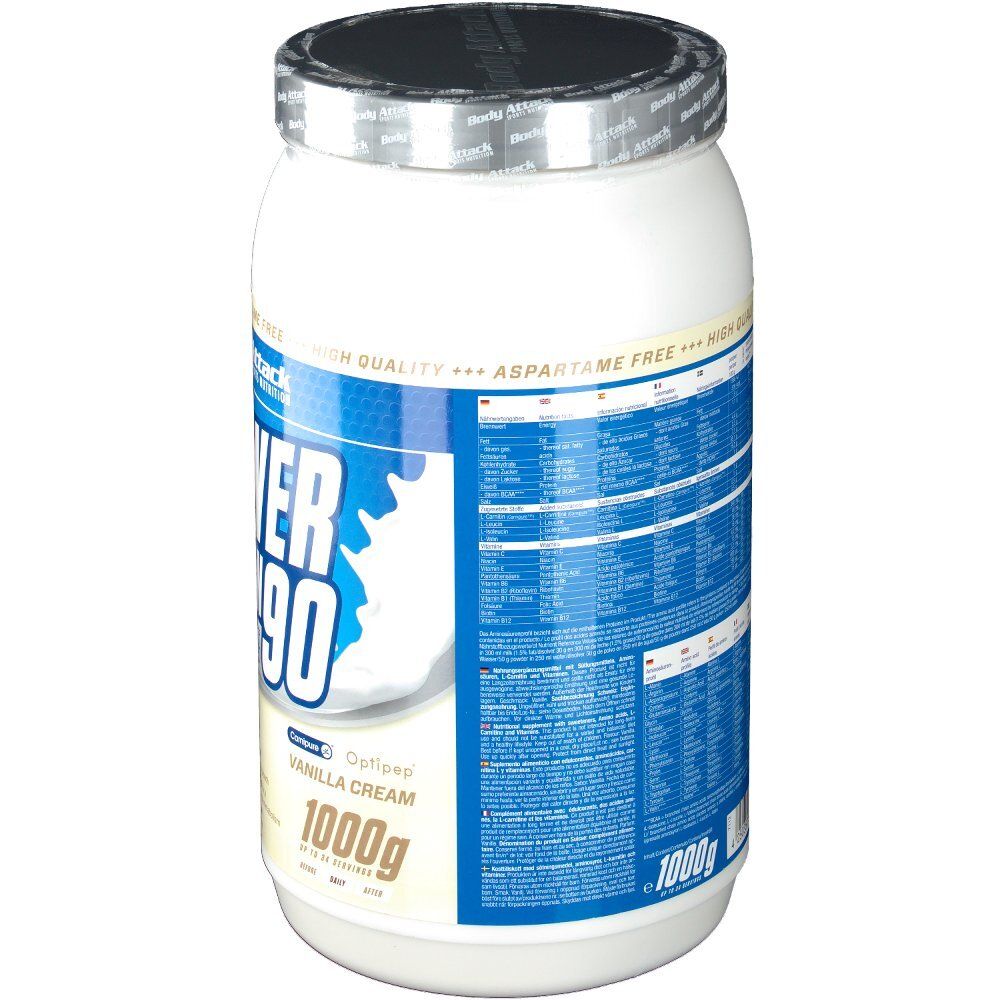 Body Attack Power Protein 90 Big Pack Vanille. Rückseite der Dose mit Nährwertangaben. Aufschrift: 1000g.
