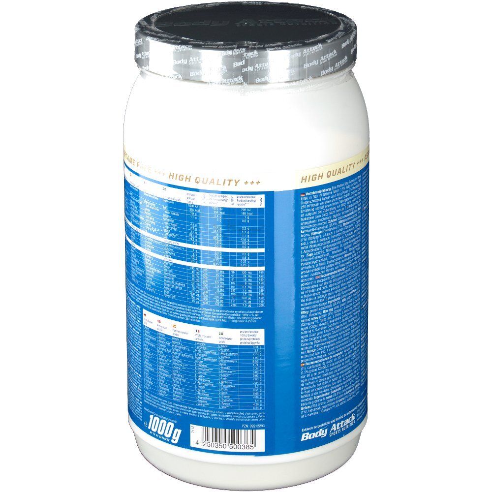 Body Attack Power Protein 90 Big Pack Vanille. Rückansicht der Dose mit Nährwertangaben und Herstellerinformationen. Aufschrift: 1000g.