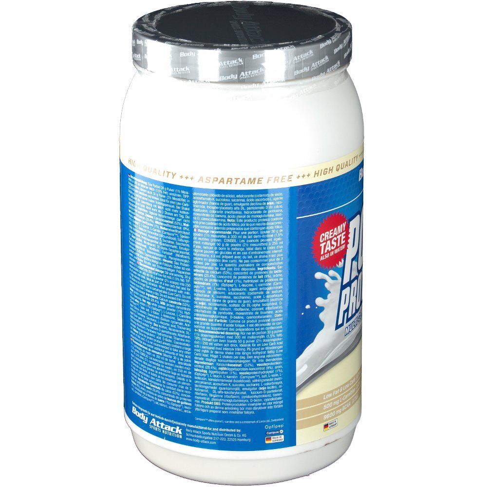 Body Attack Power Protein 90 Big Pack Vanille. Dose mit blauem Etikett. Aufschrift: Power Protein 90, Vanille Cream, Creamy Taste.