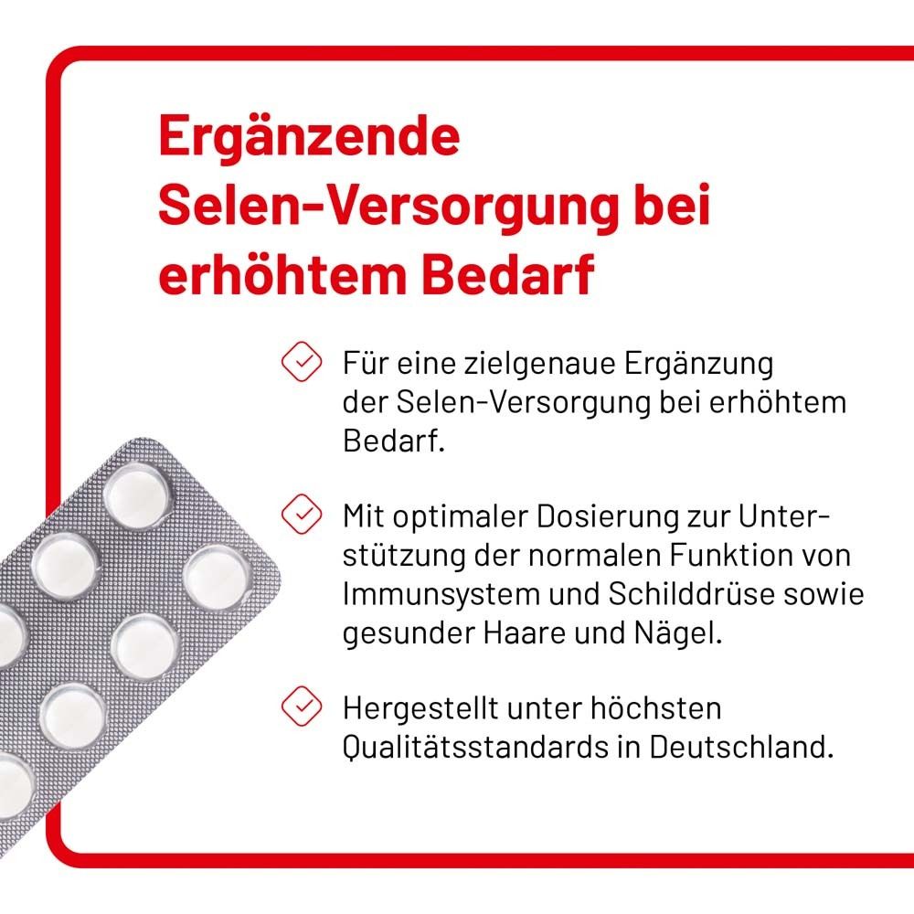 Roter Hintergrund mit Text. Ergänzende Selen-Versorgung. Tabletten in Blisterpackung.