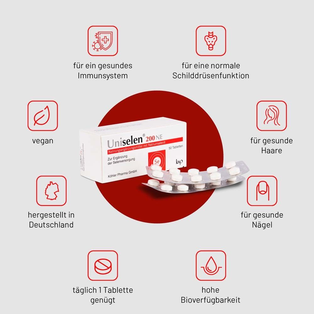 Roter Hintergrund mit Icons. Uniselen® 200 NE, Tabletten, vegan, für Immunsystem, Nägel.