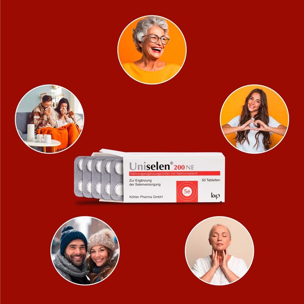 Roter Hintergrund mit Personen und Uniselen® 200 NE. Tabletten in Blisterpackung.