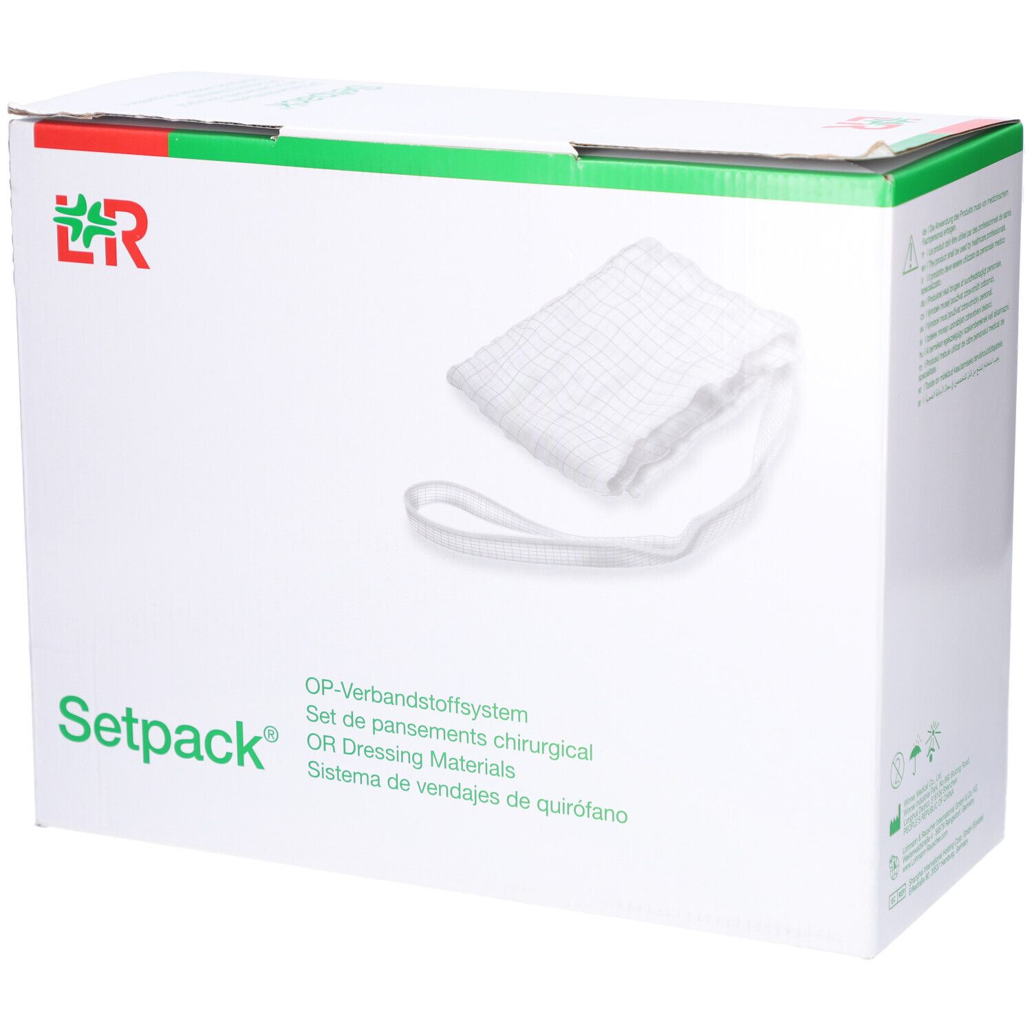 OP-Verbandstoffsystem. Setpack-Box mit Verbandmaterial. Weißes Verbandmaterial mit Schlaufe. L&R-Logo. Text in Deutsch, Englisch, Spanisch.