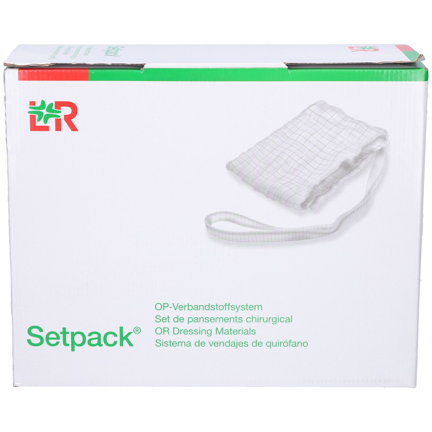 Setpack Box mit Verbandmaterial. Weißes Verbandmaterial mit Schlaufe. L&R-Logo. Text in Deutsch, Englisch, Spanisch.
